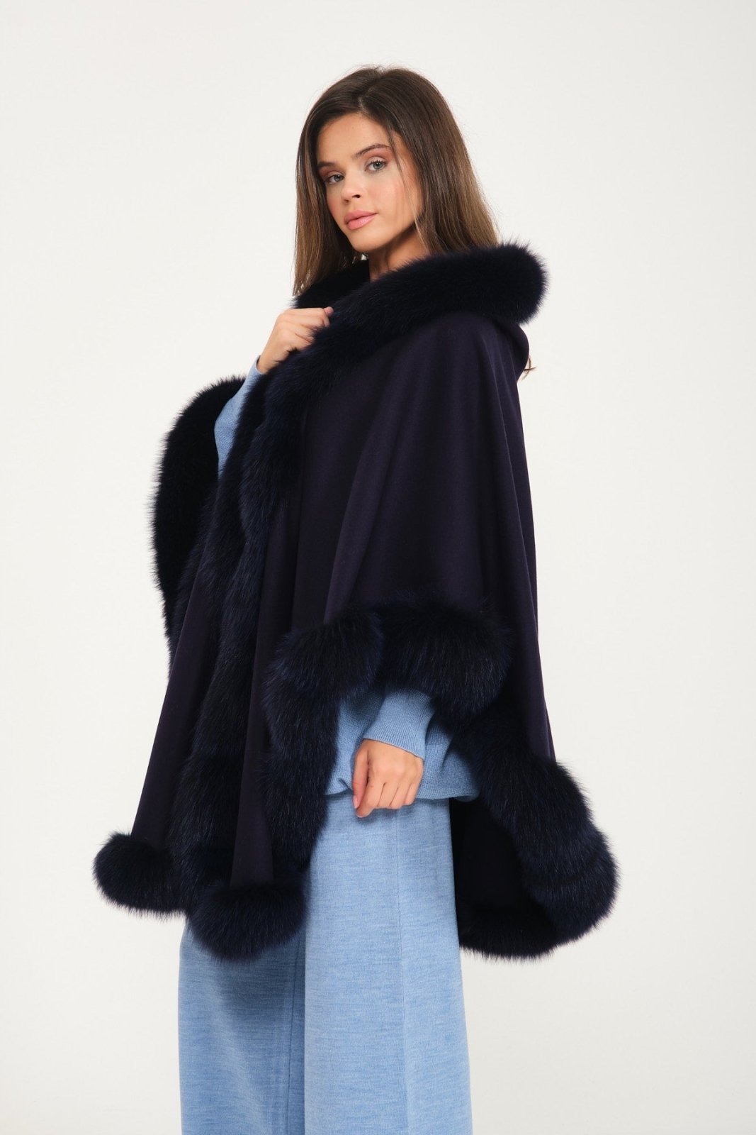 Dark Blue Wool & Fox Fur Poncho - ADAMO