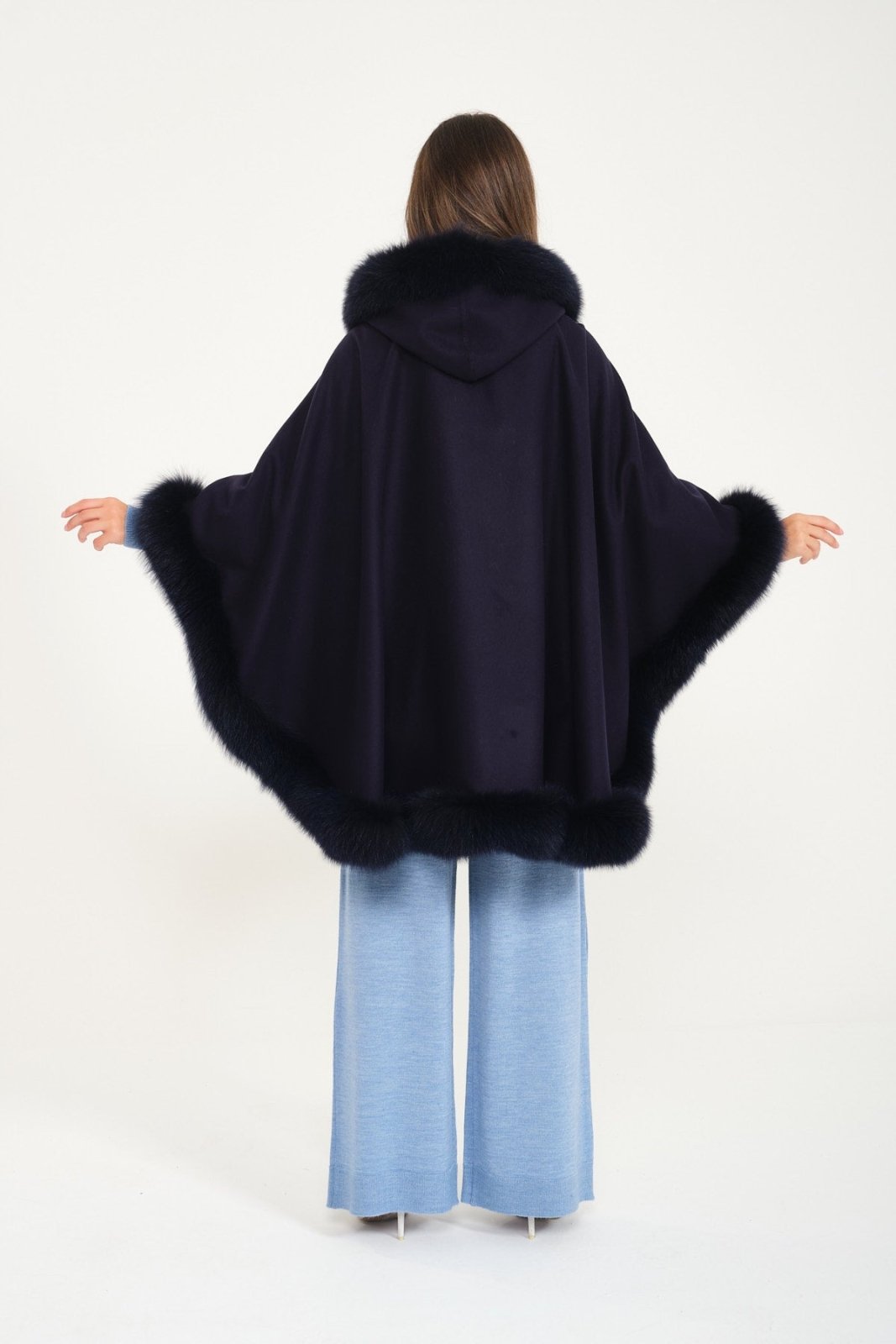 Dark Blue Wool & Fox Fur Poncho - ADAMO