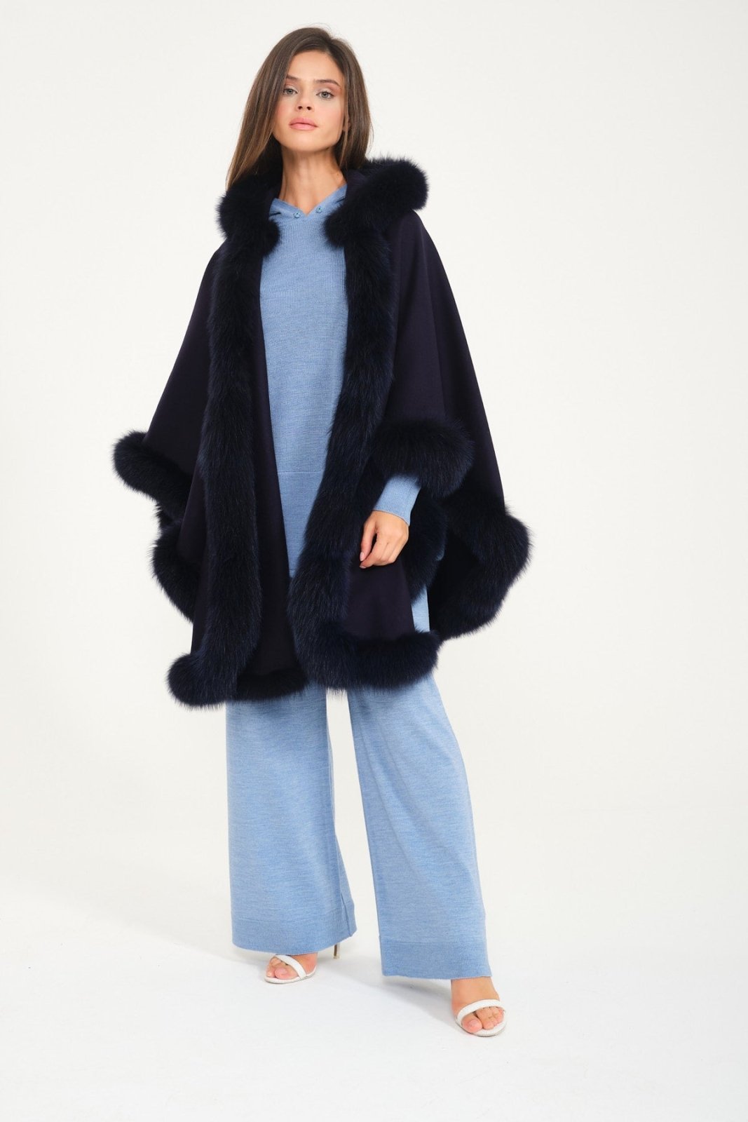 Dark Blue Wool & Fox Fur Poncho - ADAMO