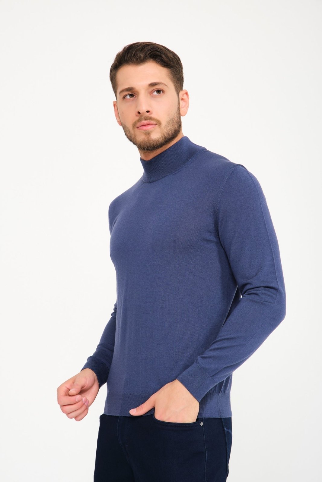 Dark Blue Wool Knit Sweater - ADAMO