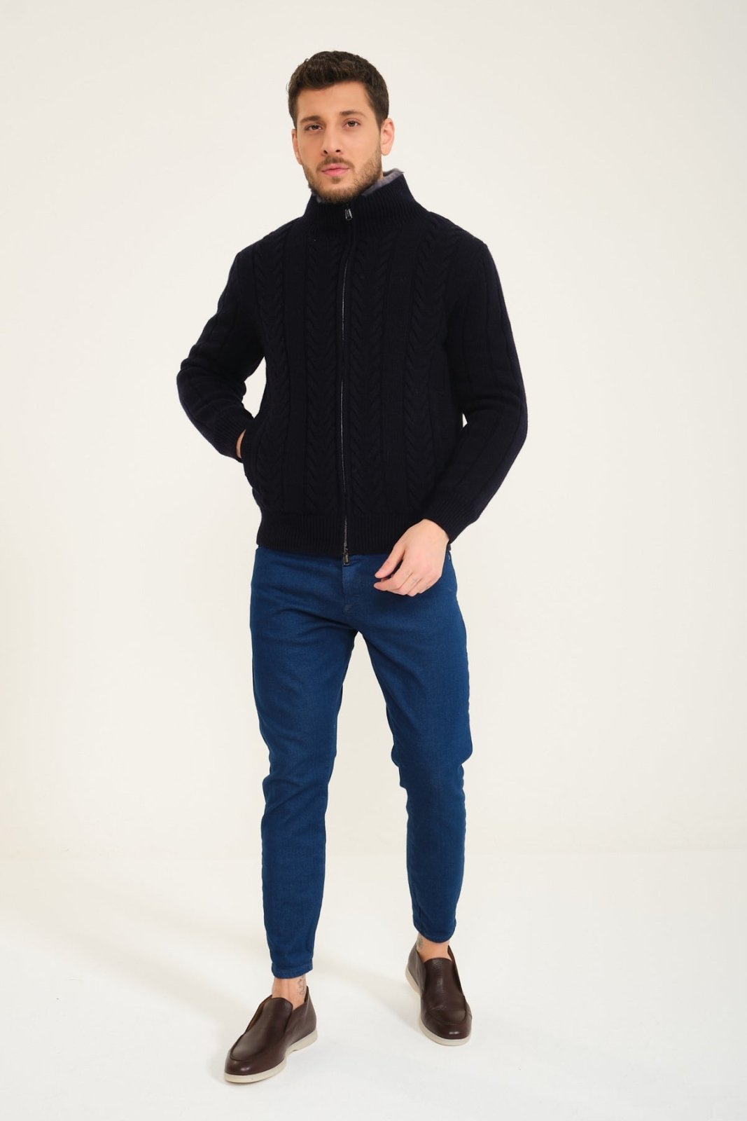 Dark Blue Wool & Rex Fur Knit Jacket - ADAMO