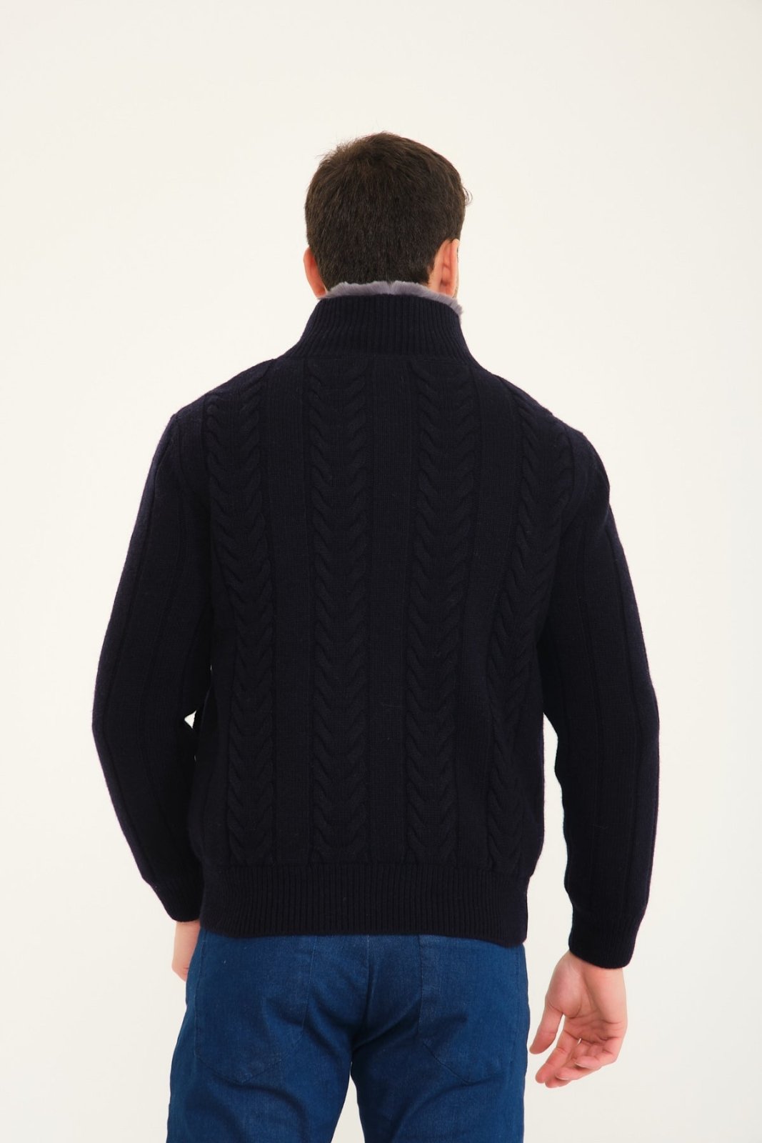 Dark Blue Wool & Rex Fur Knit Jacket - ADAMO