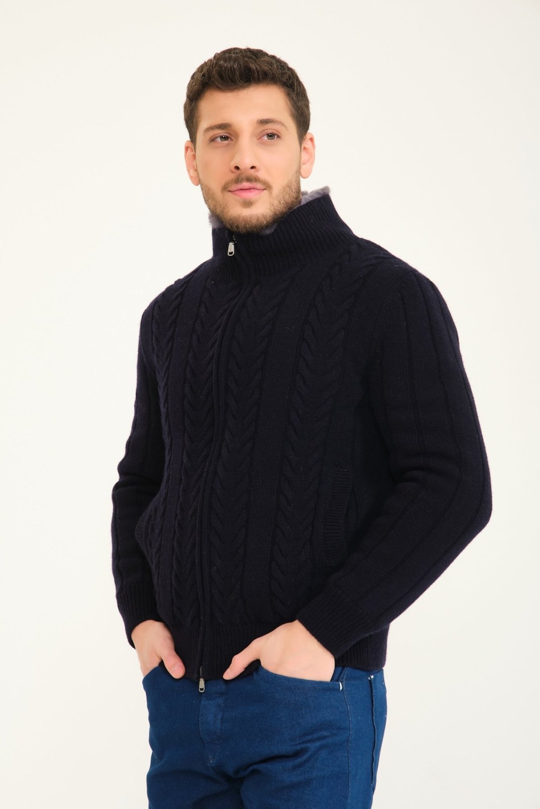 Dark Blue Wool & Rex Fur Knit Jacket - ADAMO