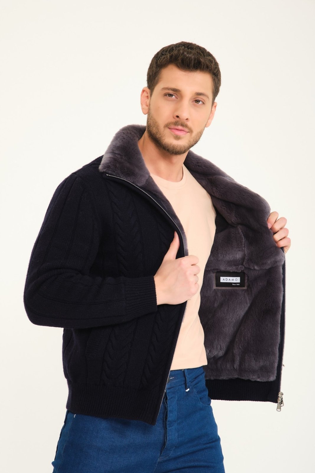 Dark Blue Wool & Rex Fur Knit Jacket - ADAMO