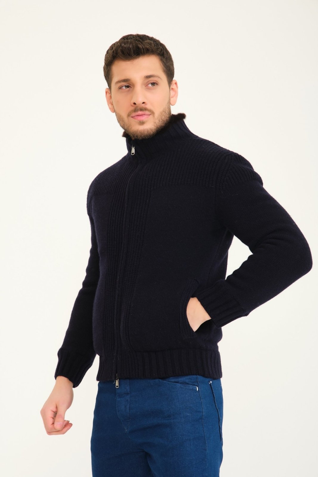 Dark Blue Wool & Rex Fur Knit Jacket - ADAMO