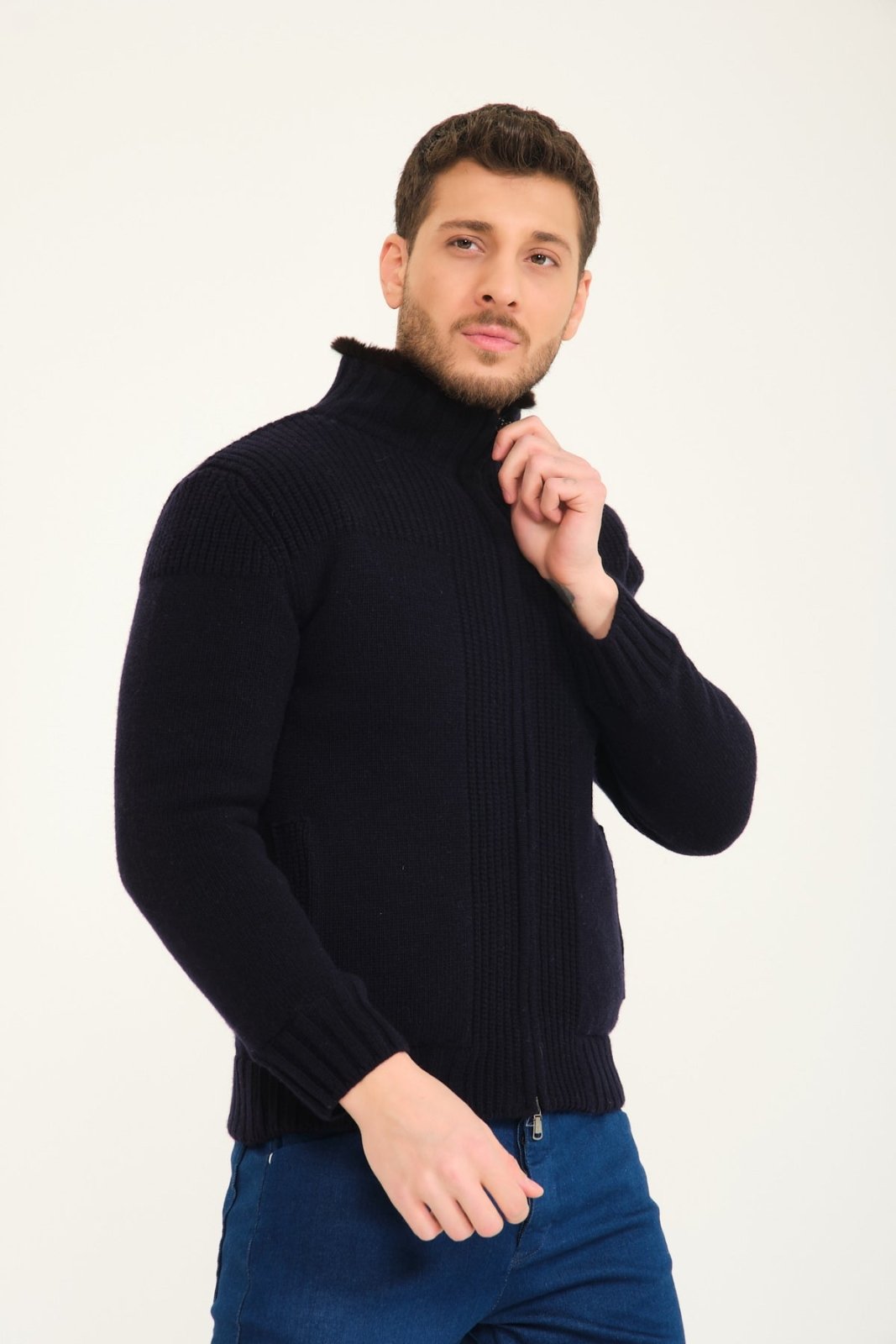 Dark Blue Wool & Rex Fur Knit Jacket - ADAMO