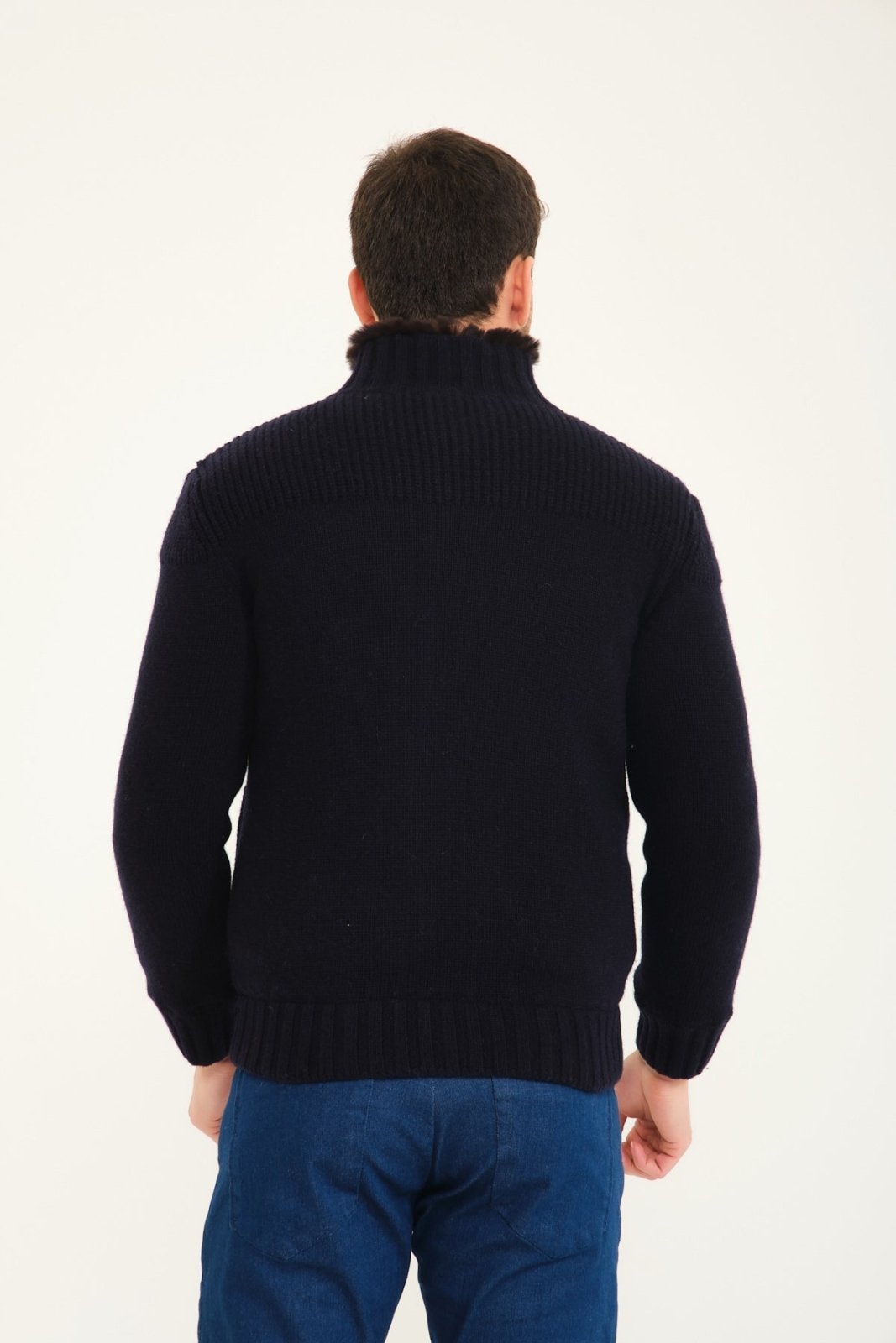 Dark Blue Wool & Rex Fur Knit Jacket - ADAMO