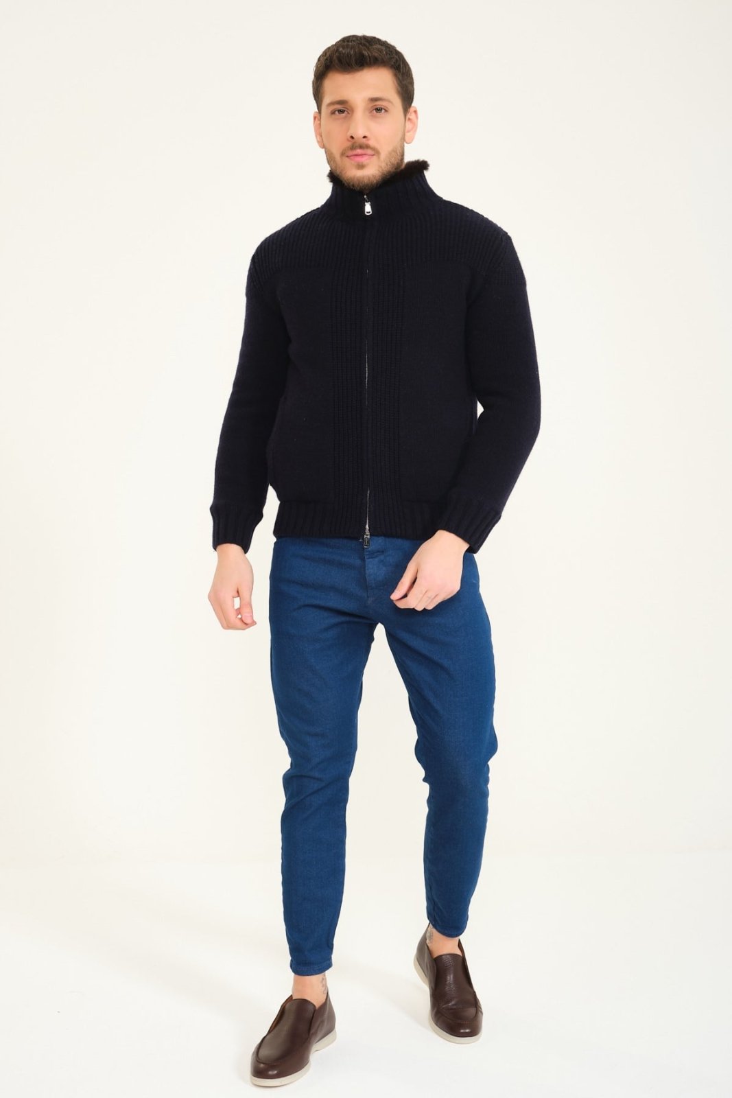 Dark Blue Wool & Rex Fur Knit Jacket - ADAMO