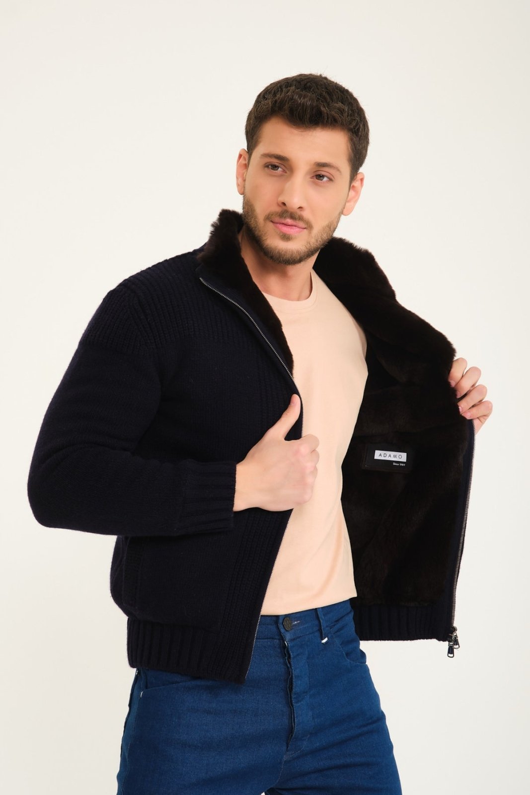 Dark Blue Wool & Rex Fur Knit Jacket - ADAMO