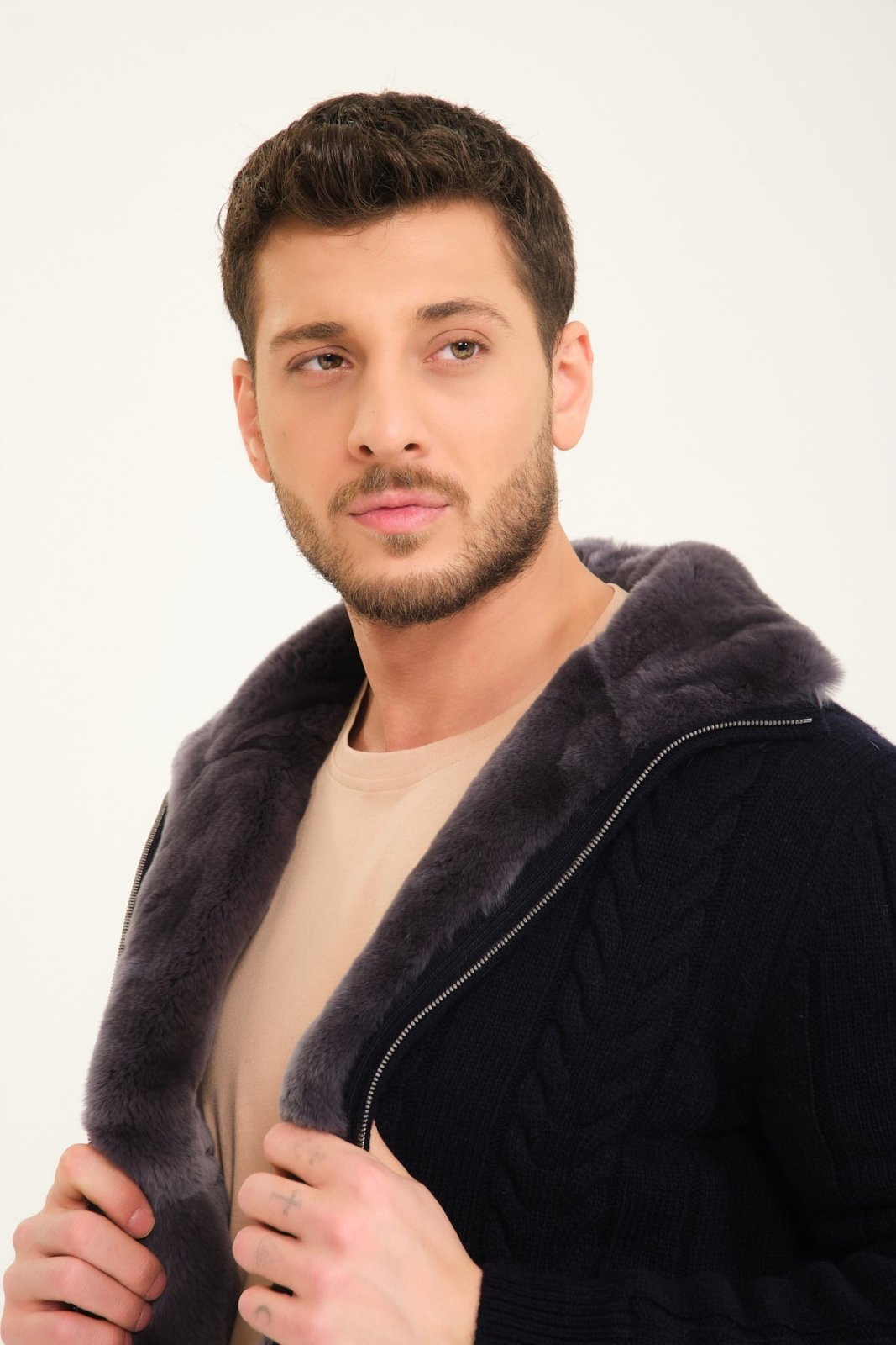 Dark Blue Wool & Rex Fur Knit Jacket - ADAMO