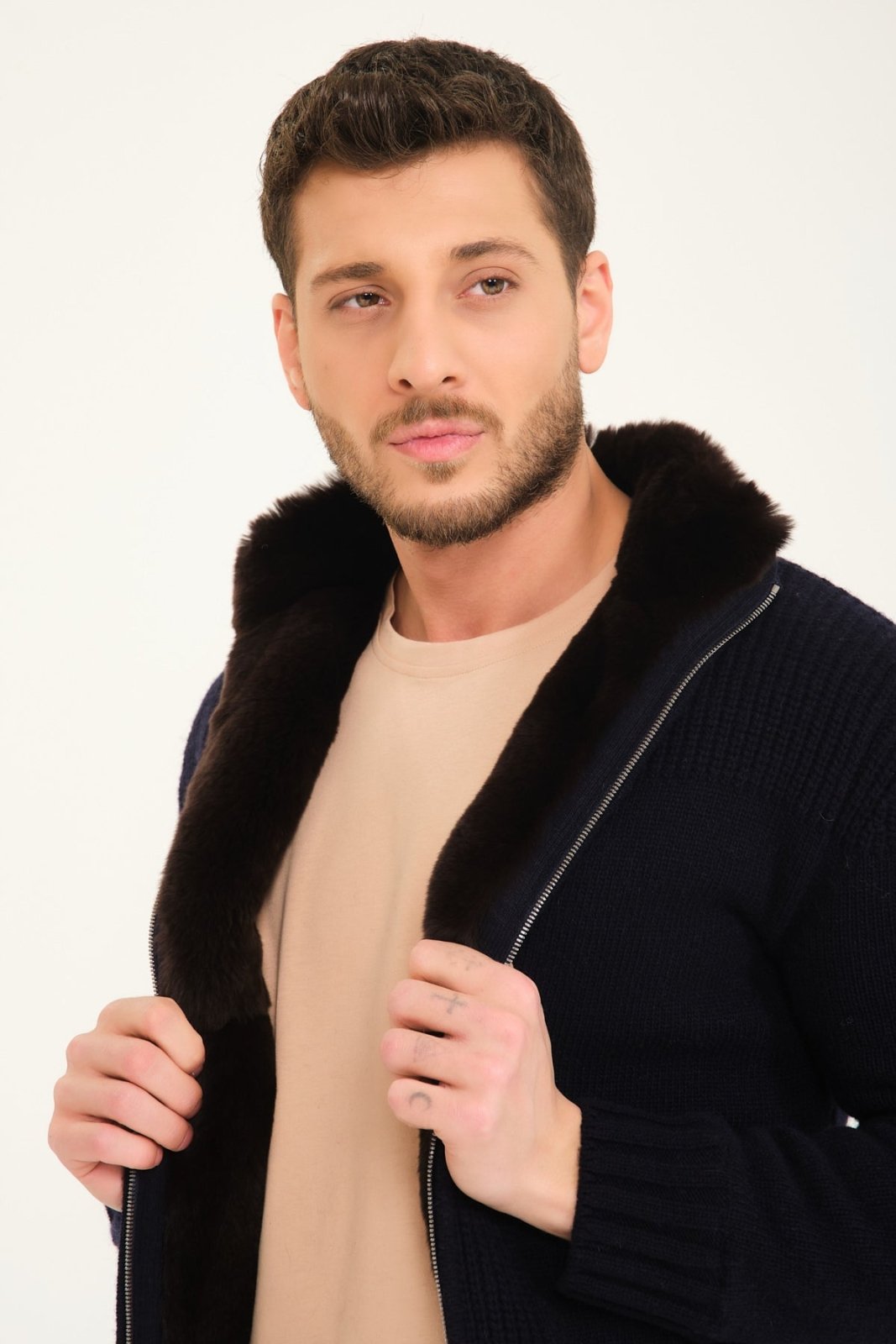 Dark Blue Wool & Rex Fur Knit Jacket - ADAMO