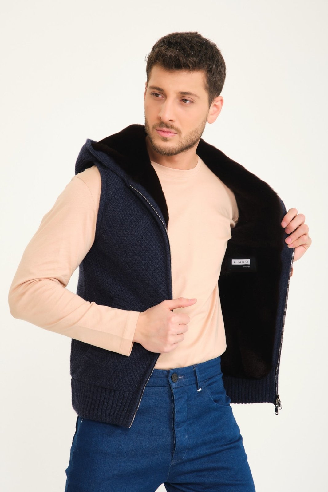 Dark Blue Wool & Rex Fur Knit Vest - ADAMO