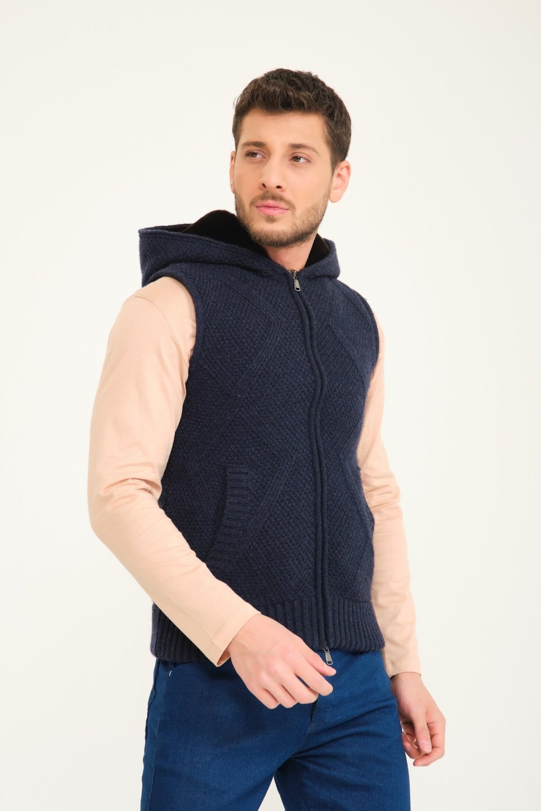 Dark Blue Wool & Rex Fur Knit Vest - ADAMO