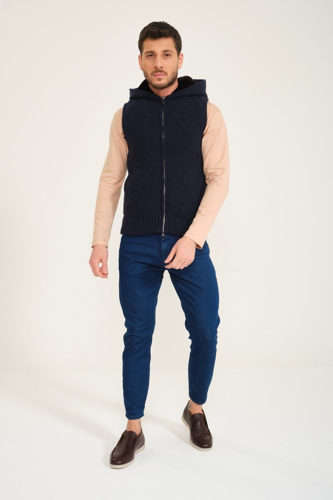 Dark Blue Wool & Rex Fur Knit Vest - ADAMO