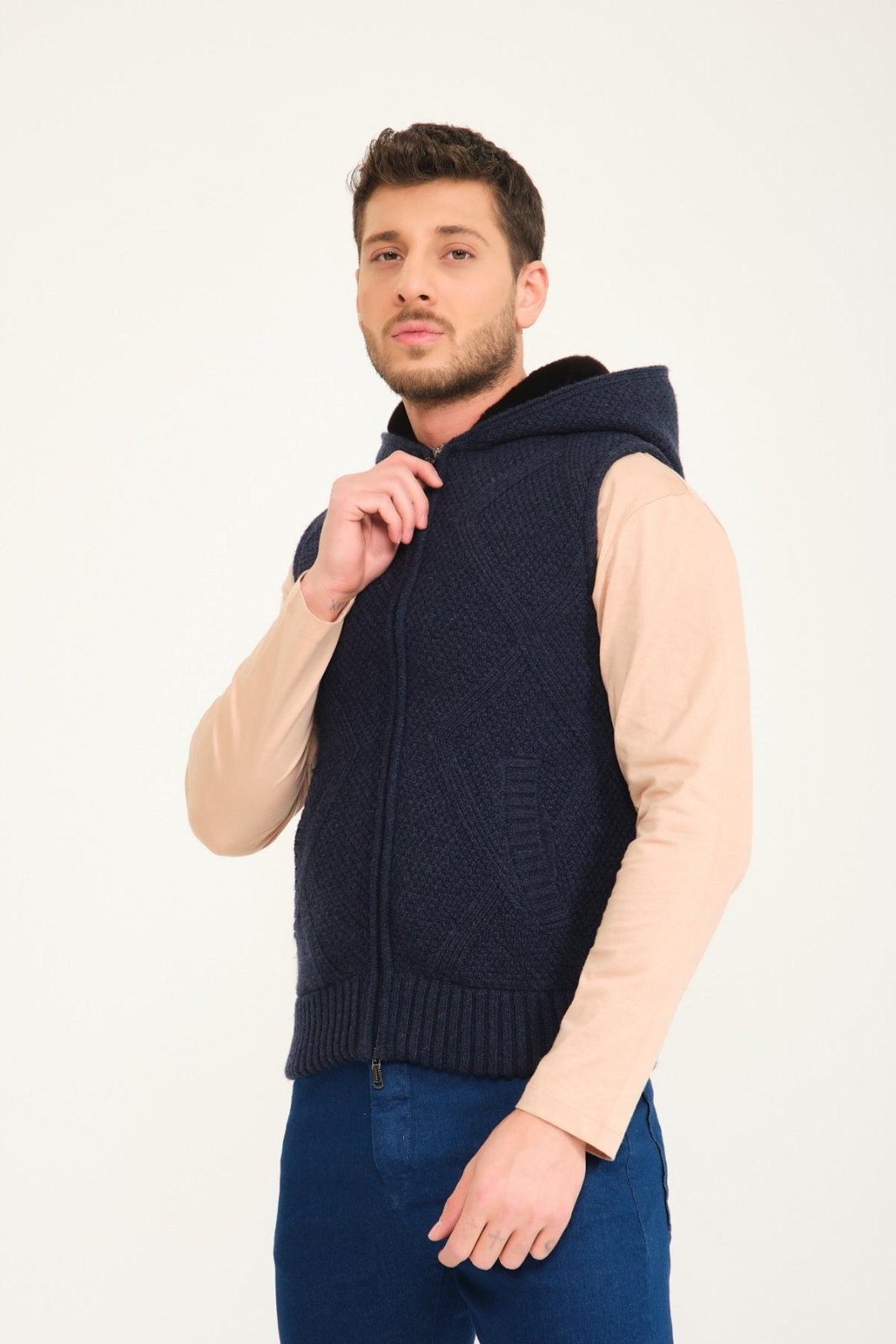 Dark Blue Wool & Rex Fur Knit Vest - ADAMO