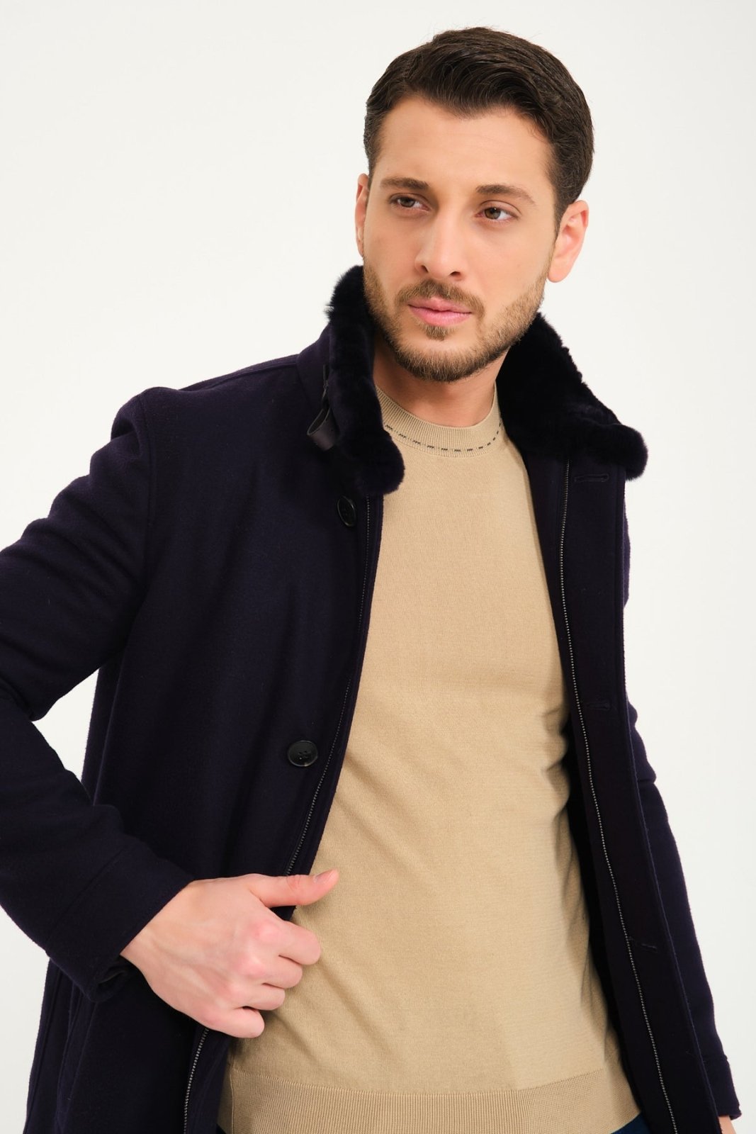 Dark Blue Wool & Rex Jacket - ADAMO