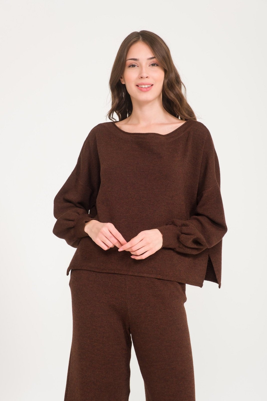 Dark Brown Knit Sweater & Pants Set - ADAMO