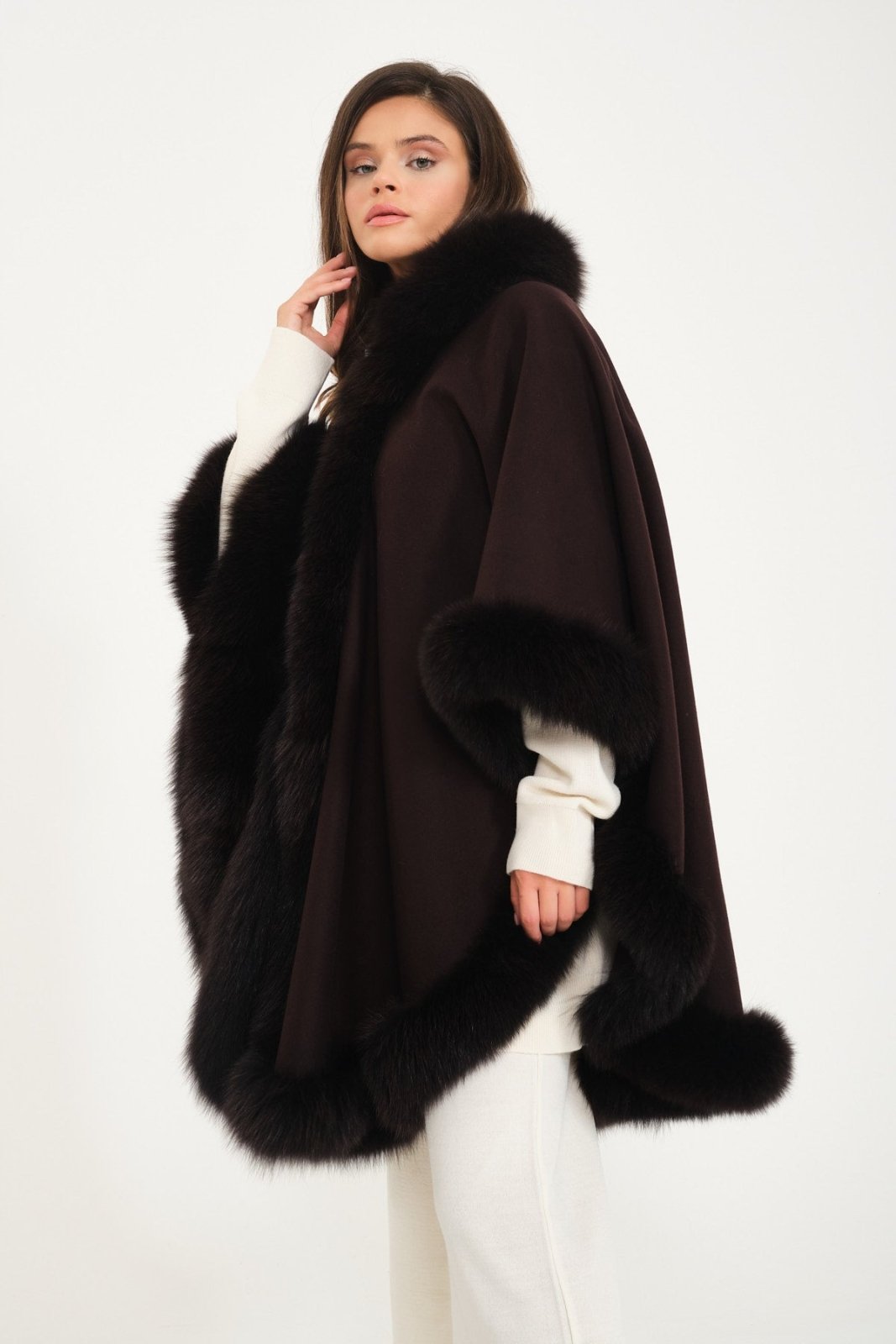 Dark Brown Wool & Fox Fur Poncho - ADAMO