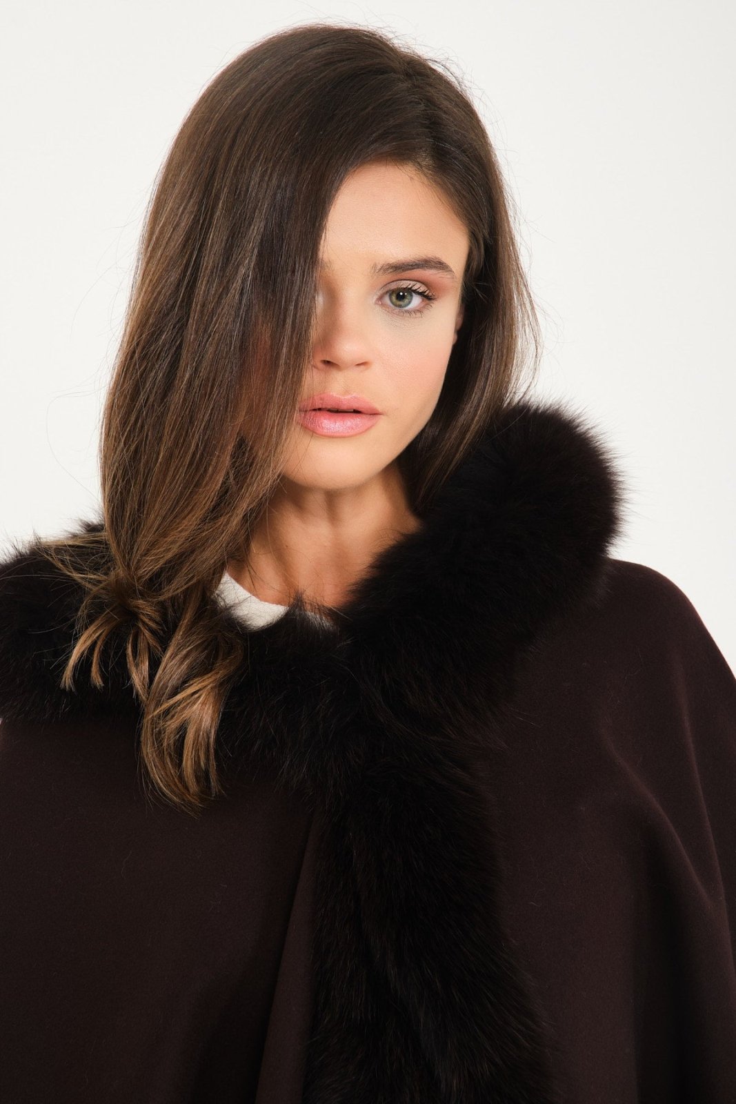 Dark Brown Wool & Fox Fur Poncho - ADAMO