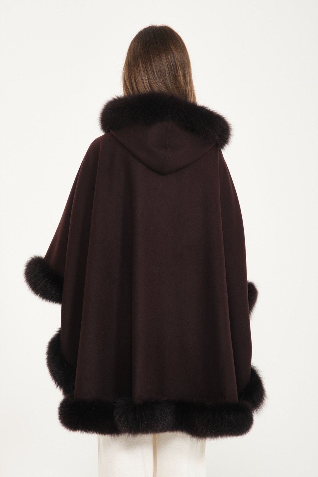 Dark Brown Wool & Fox Fur Poncho - ADAMO