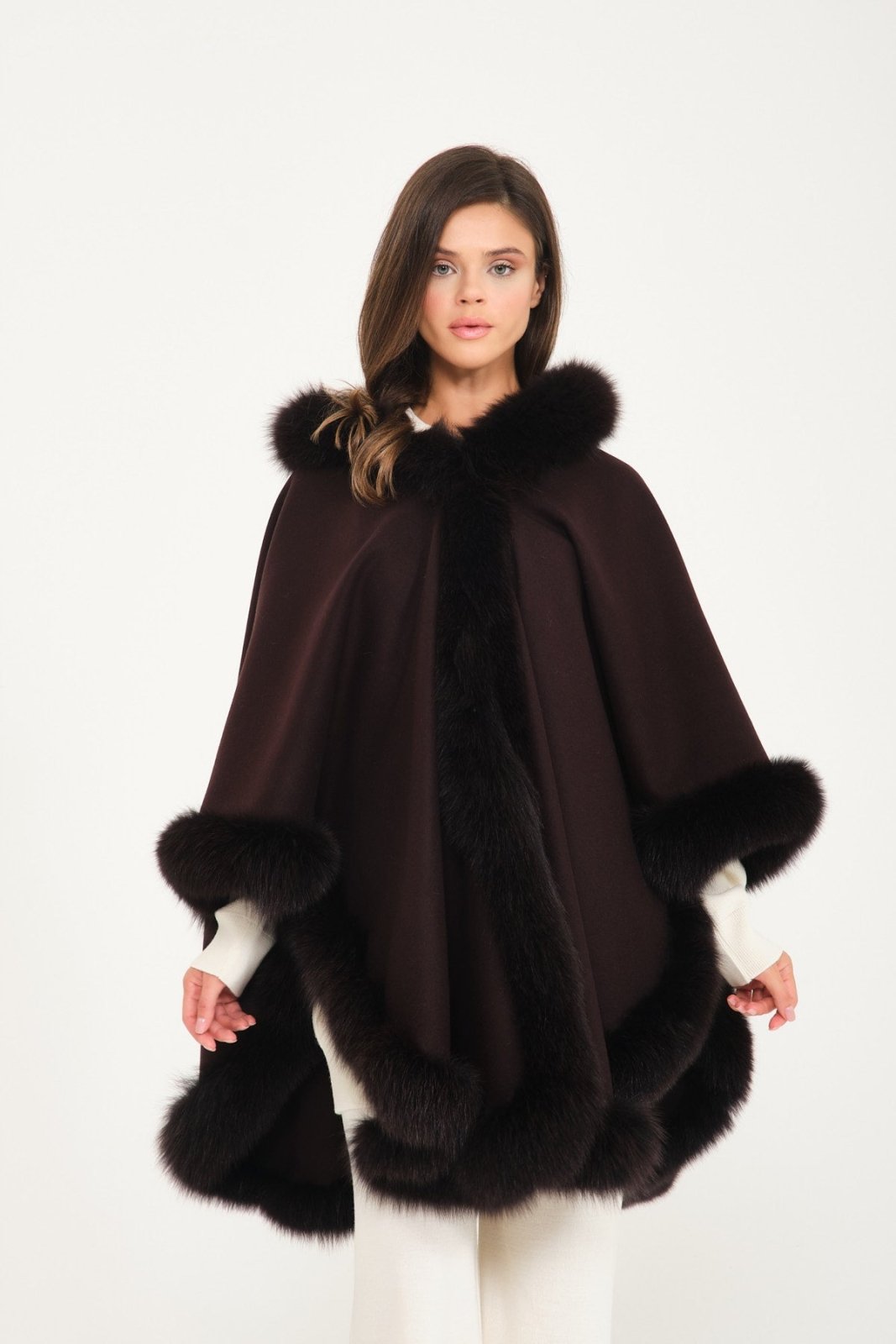 Dark Brown Wool & Fox Fur Poncho - ADAMO