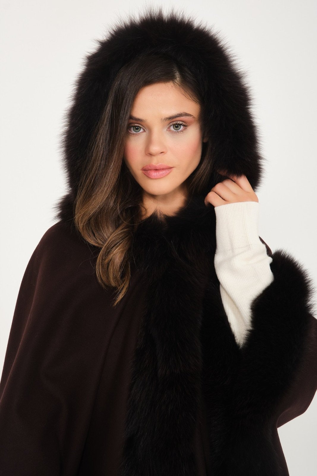 Dark Brown Wool & Fox Fur Poncho - ADAMO