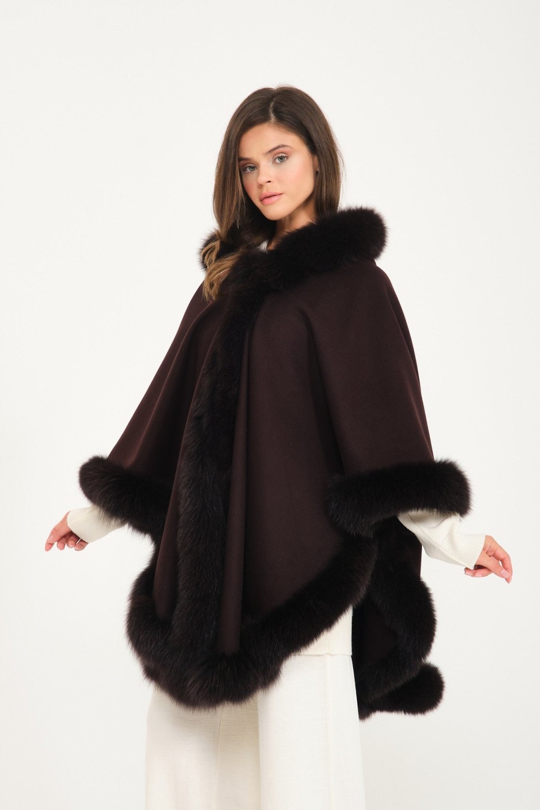 Dark Brown Wool & Fox Fur Poncho - ADAMO