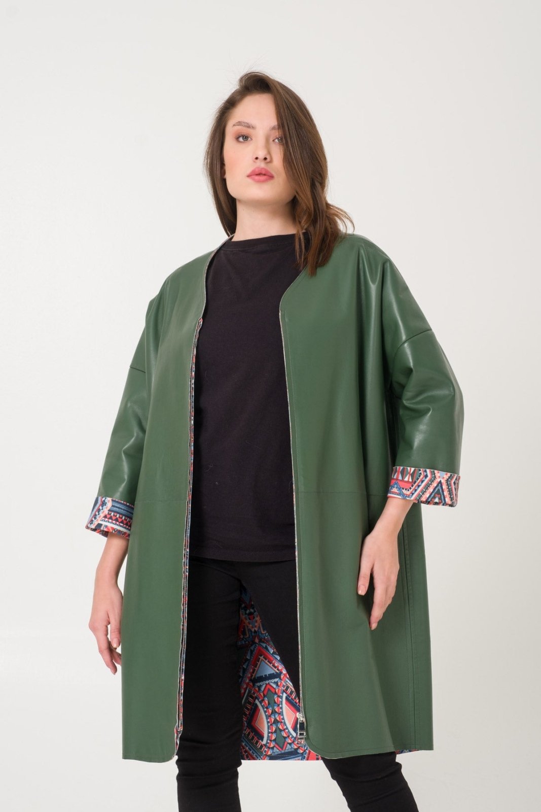 Dark Green Leather Coat - ADAMO