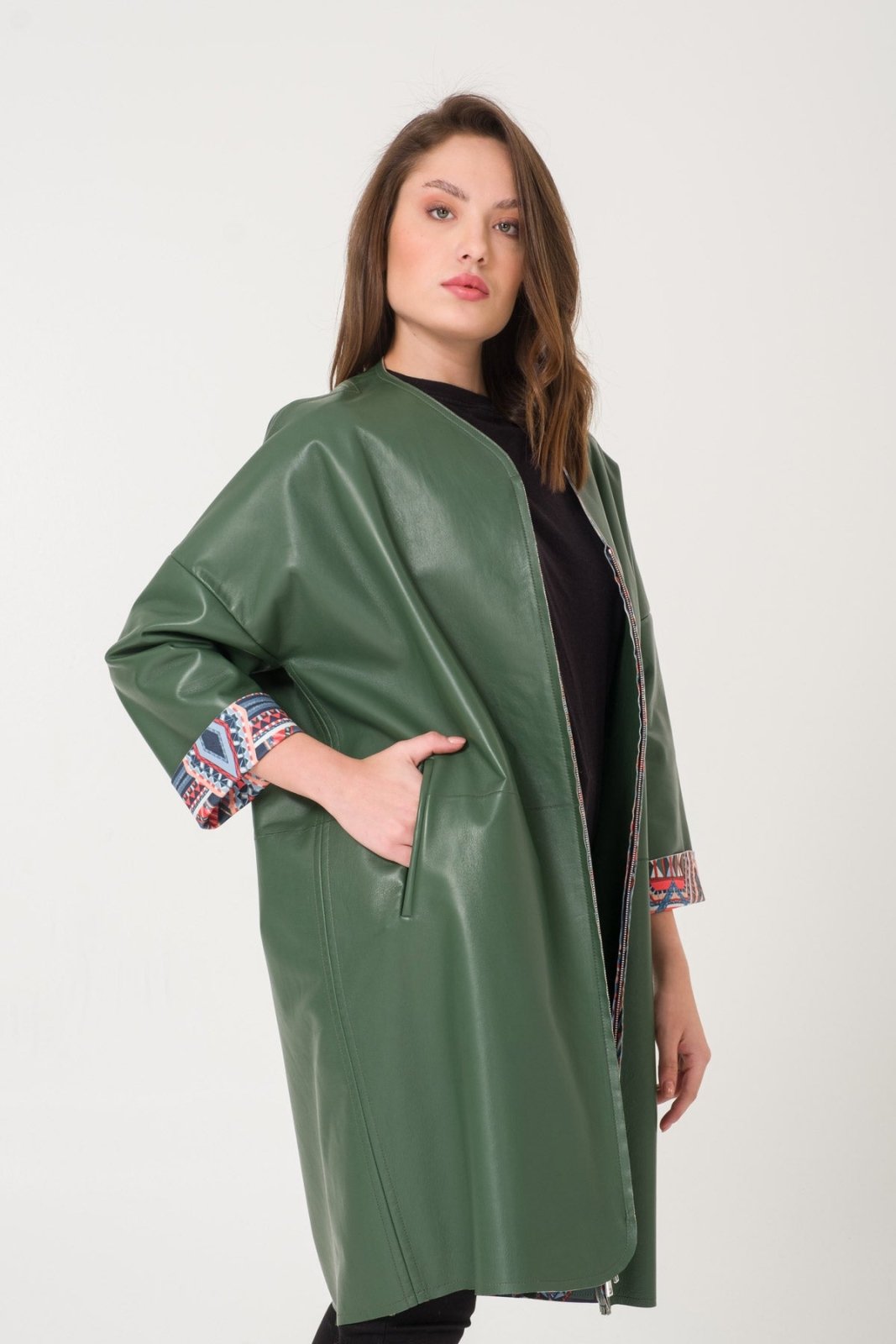 Dark Green Leather Coat - ADAMO