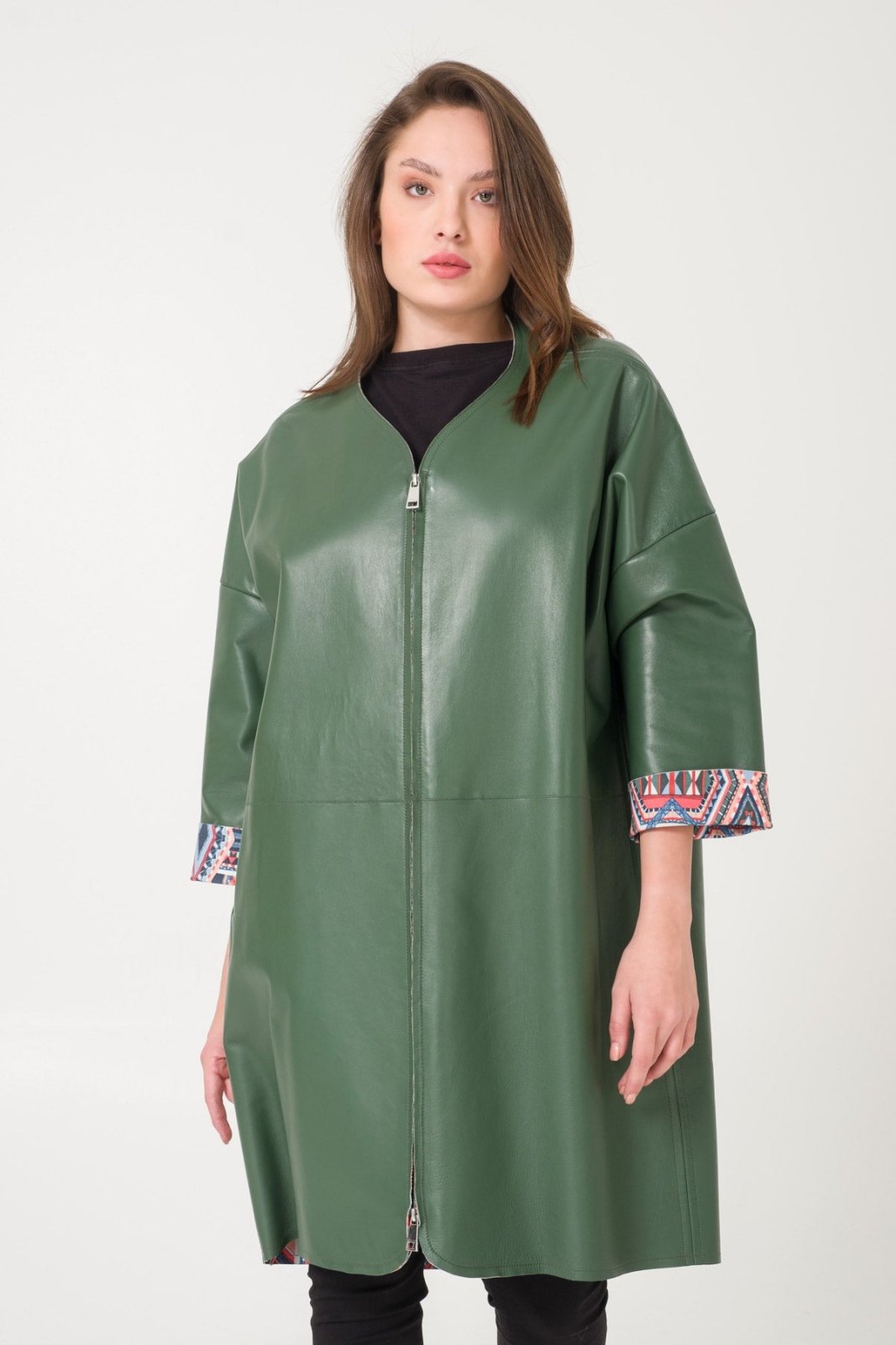 Dark Green Leather Coat - ADAMO