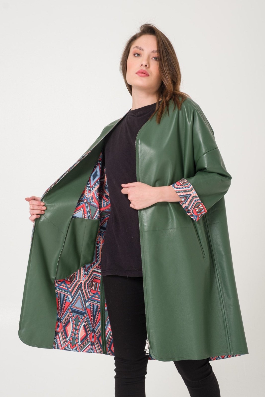 Dark Green Leather Coat - ADAMO