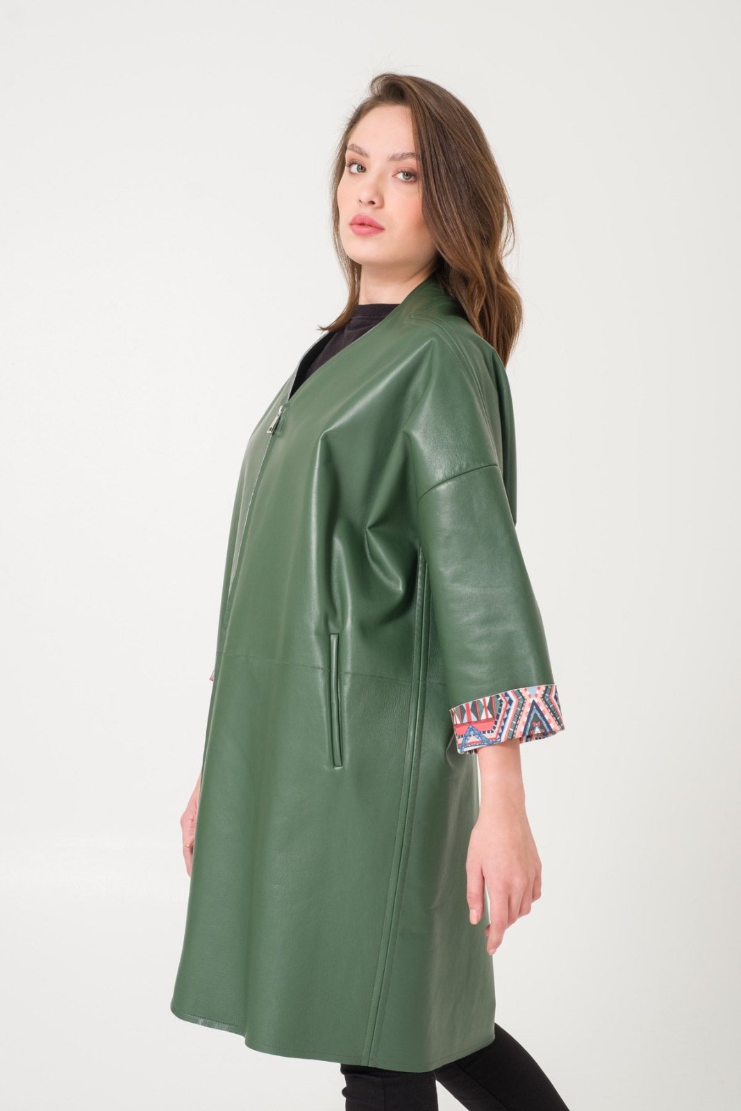 Dark Green Leather Coat - ADAMO