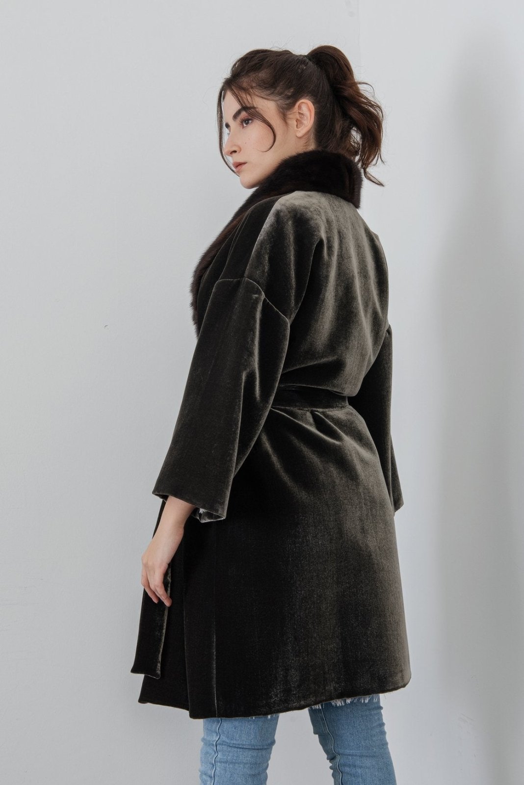 Dark Green Long Velvet Coat - ADAMO