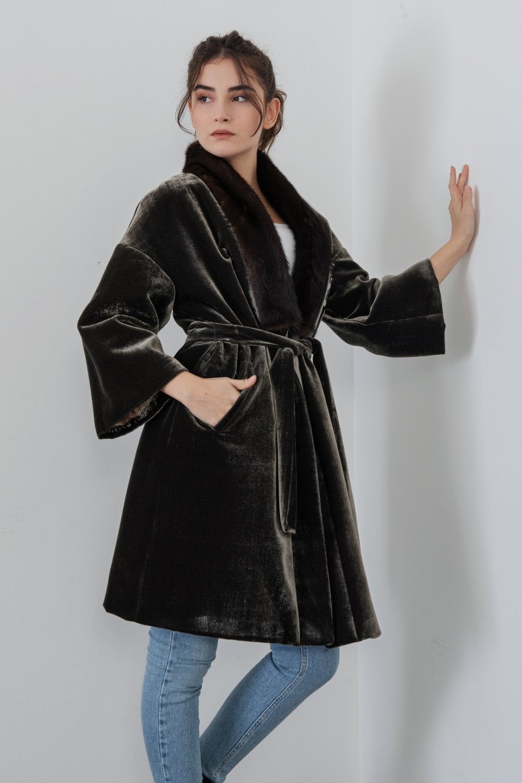 Long green velvet coat online