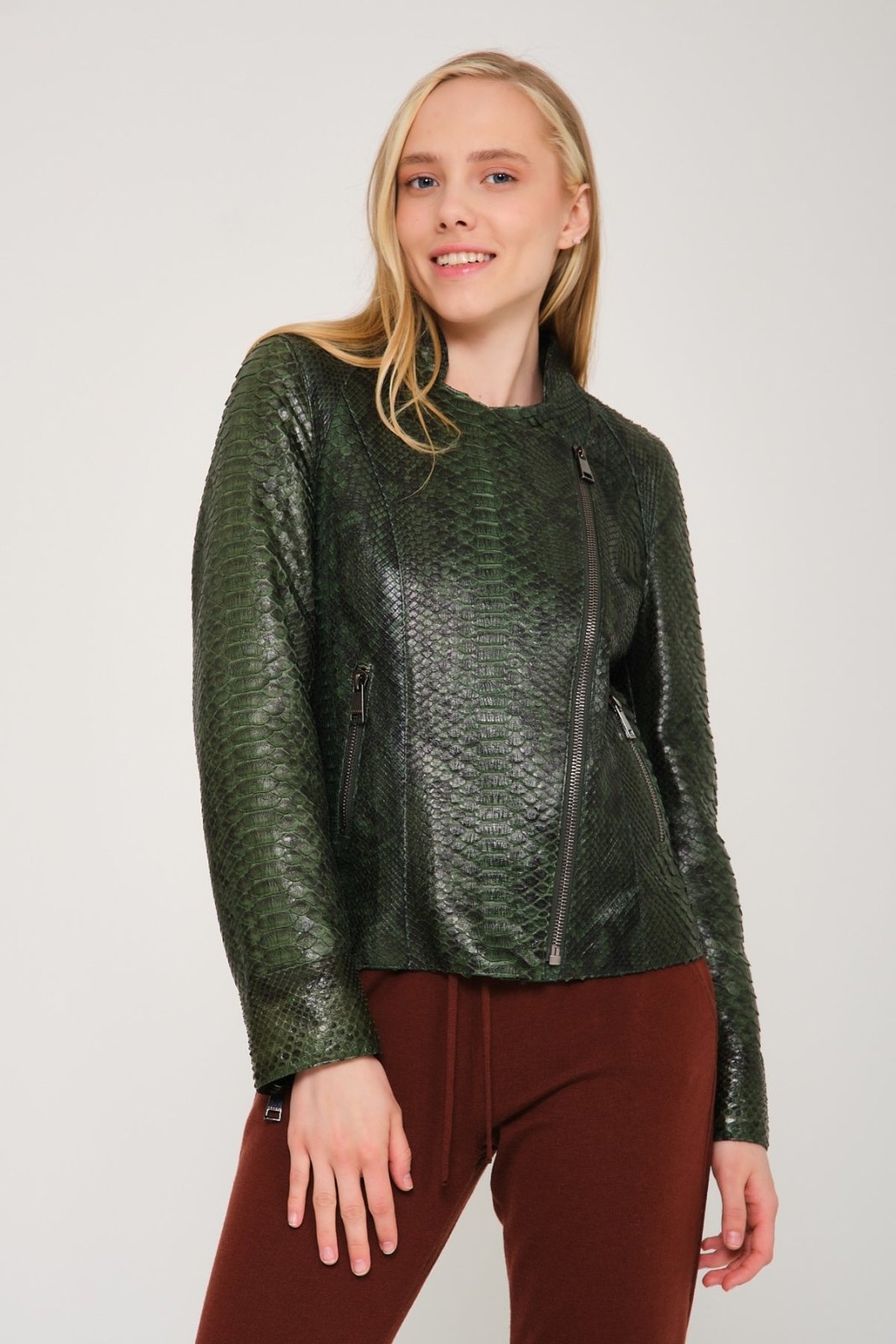 Dark Green Python Leather Jacket - ADAMO