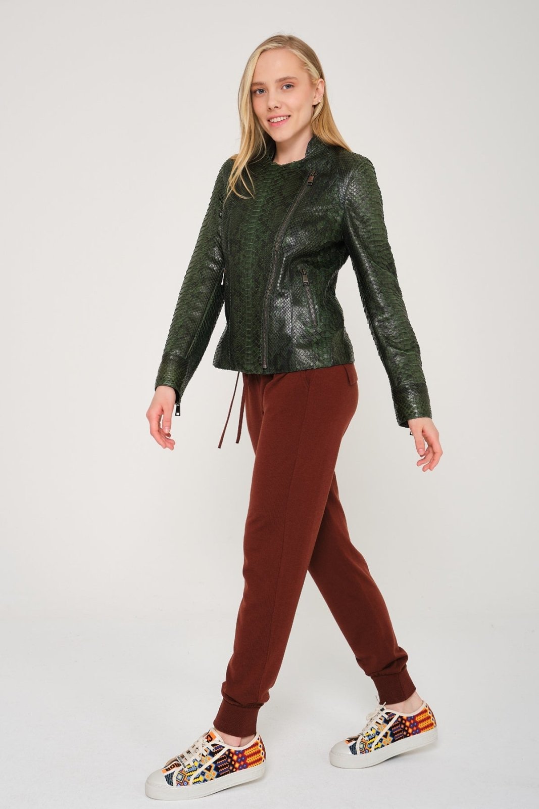 Dark Green Python Leather Jacket - ADAMO