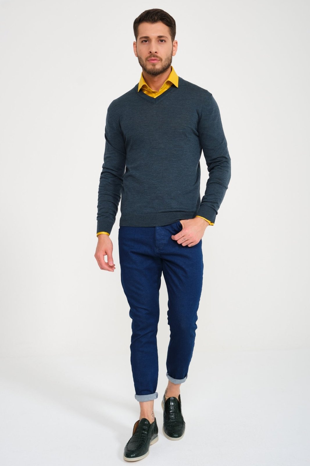 Dark Green V - Collar Wool Sweater - ADAMO