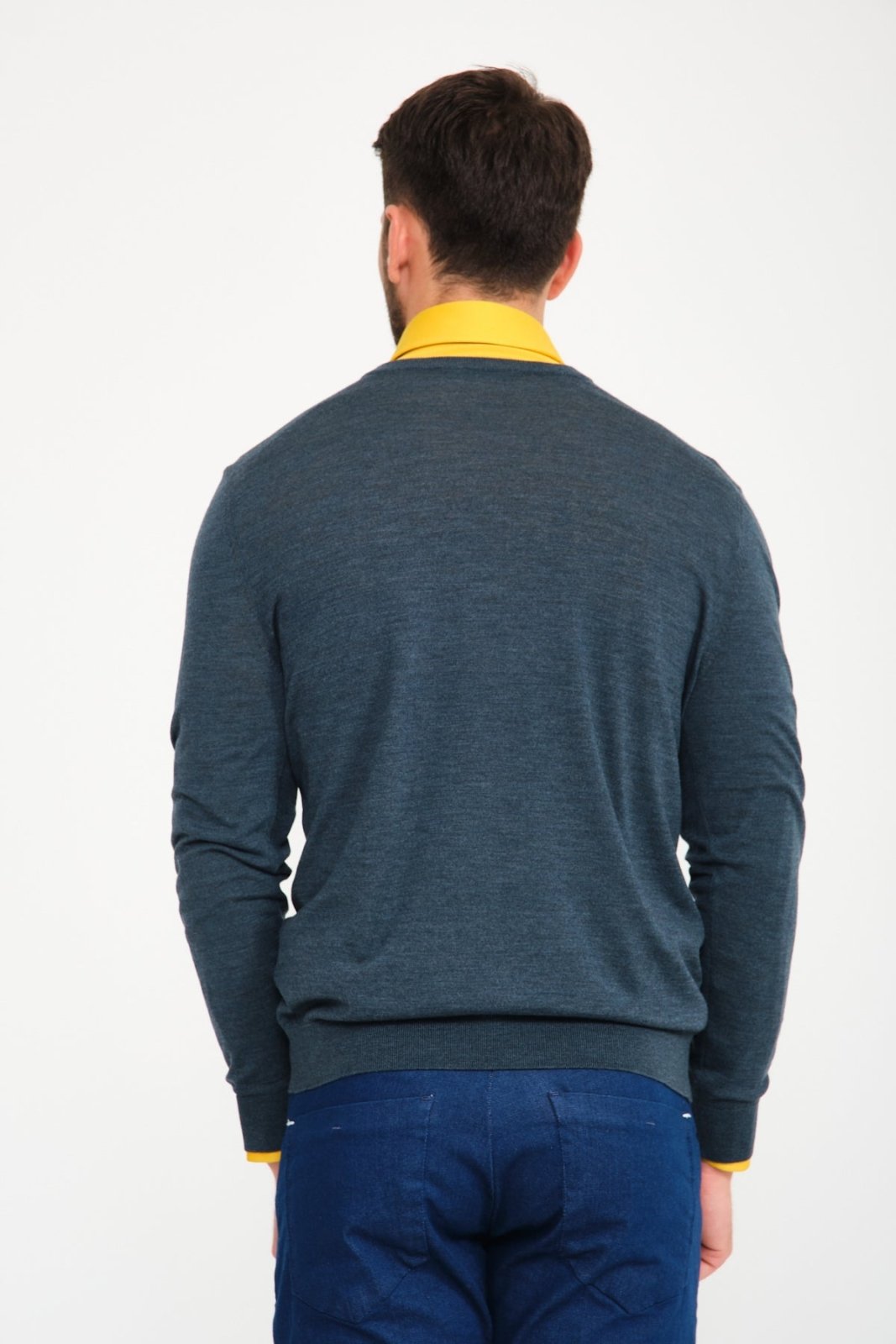 Dark Green V - Collar Wool Sweater - ADAMO