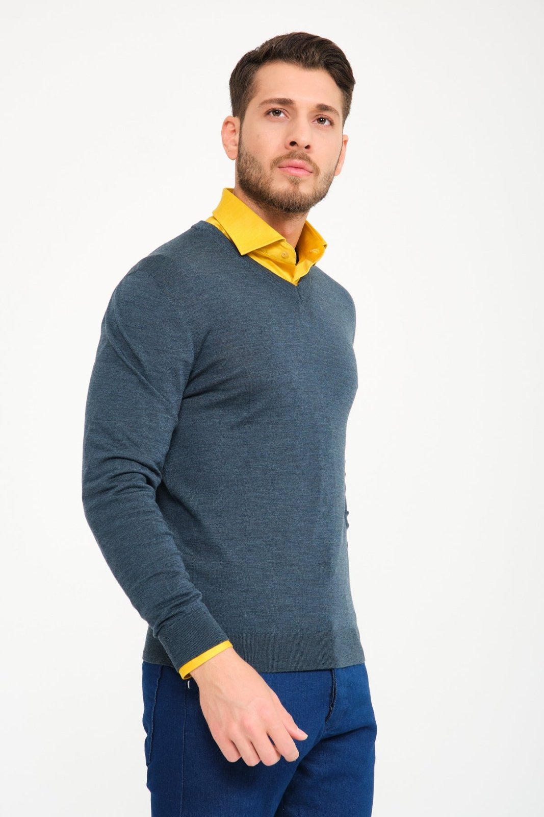 Dark Green V - Collar Wool Sweater - ADAMO