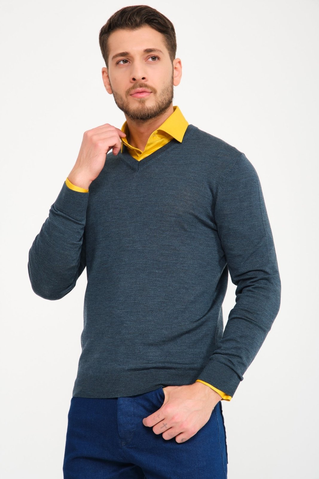 Dark Green V - Collar Wool Sweater - ADAMO