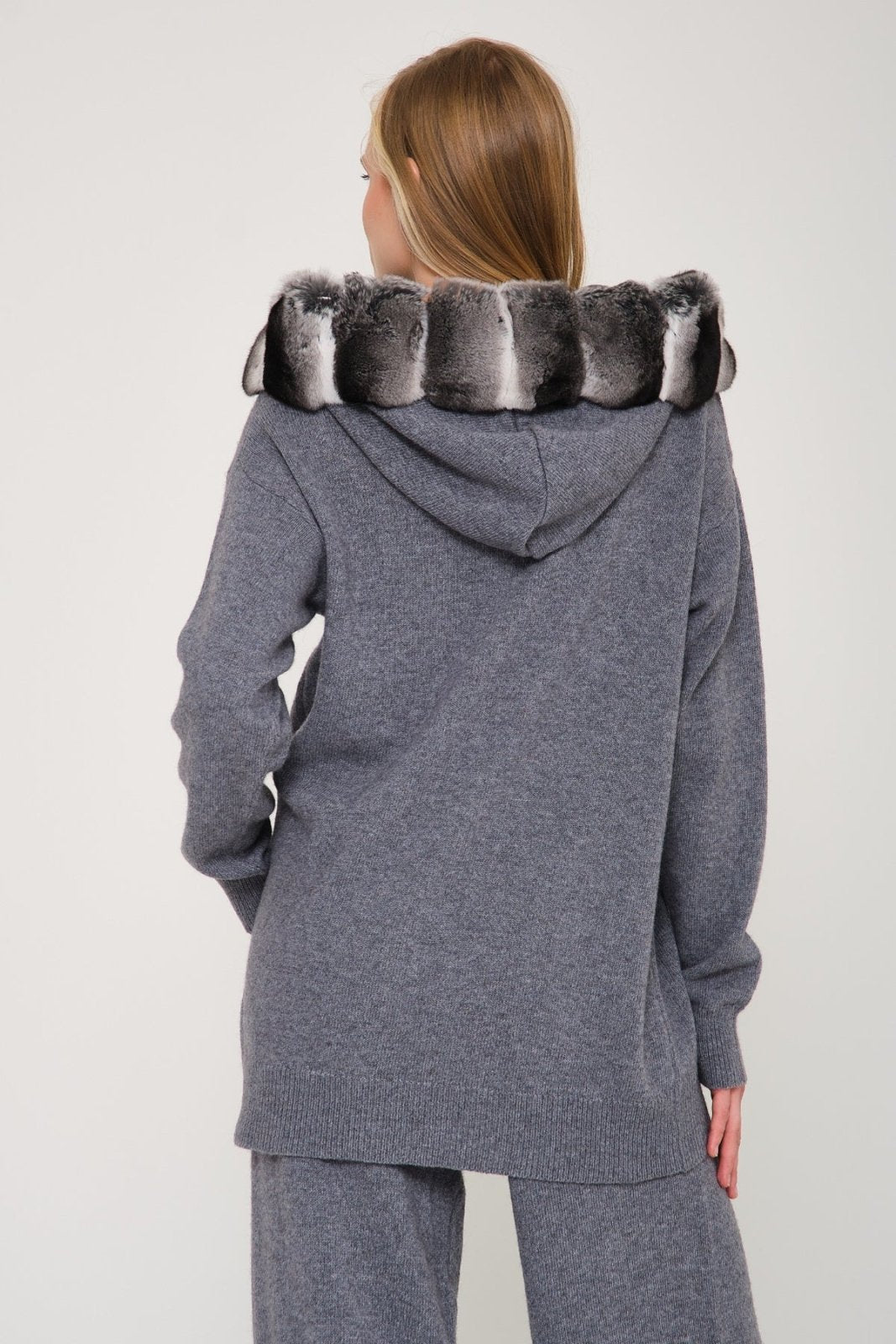 Dark Grey Chinchilla Fur Lined Hoodie & Pants Set - ADAMO