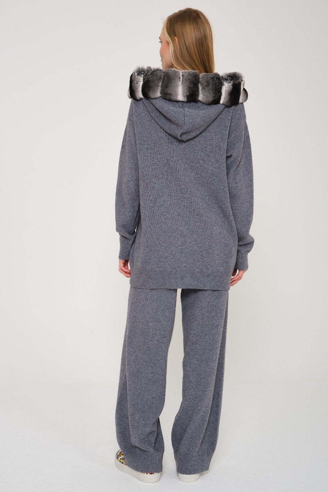 Dark Grey Chinchilla Fur Lined Hoodie & Pants Set - ADAMO