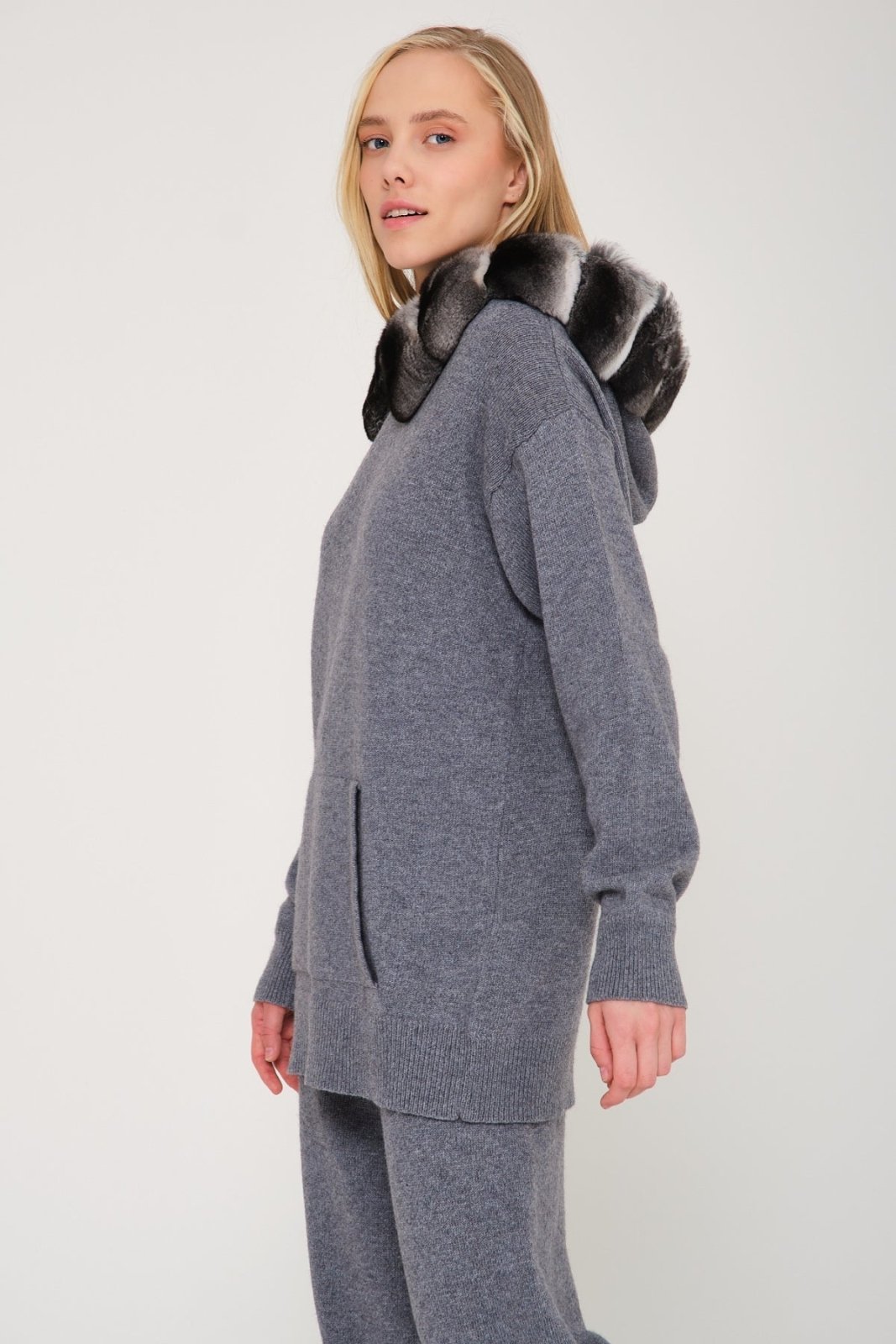 Dark Grey Chinchilla Fur Lined Hoodie & Pants Set - ADAMO