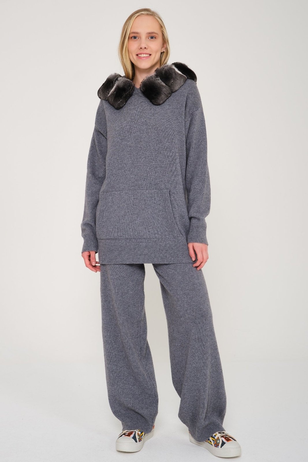 Dark Grey Chinchilla Fur Lined Hoodie & Pants Set - ADAMO