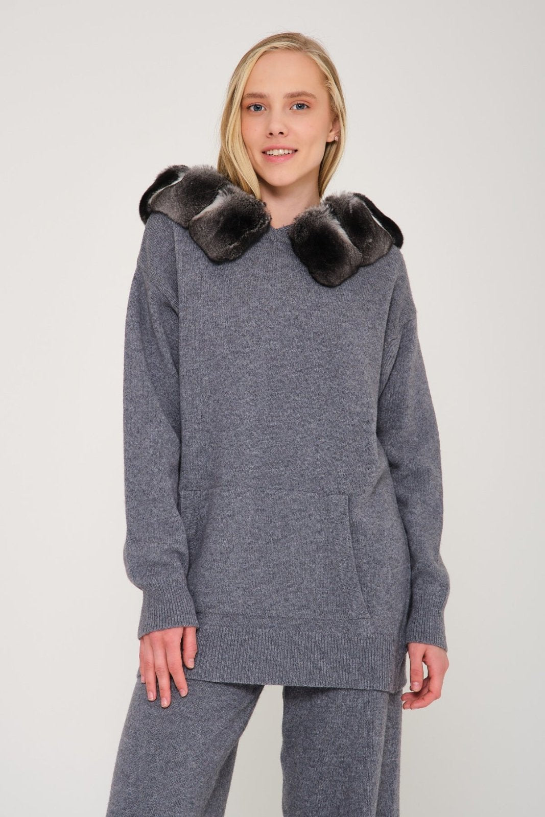 Dark Grey Chinchilla Fur Lined Hoodie & Pants Set - ADAMO