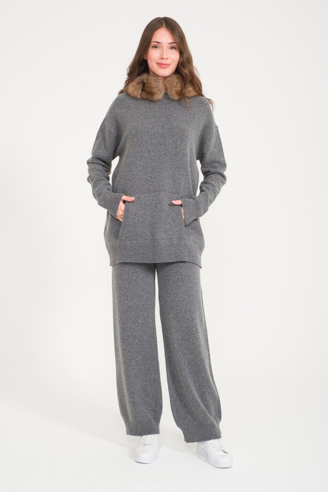 Dark Grey Marten Fur Lined Hoodie & Pants Set - ADAMO