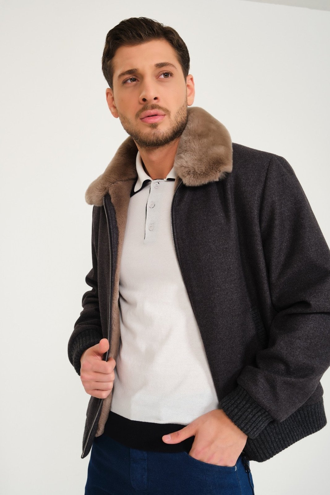 Dark Grey Wool & Rex Fur Coat - ADAMO