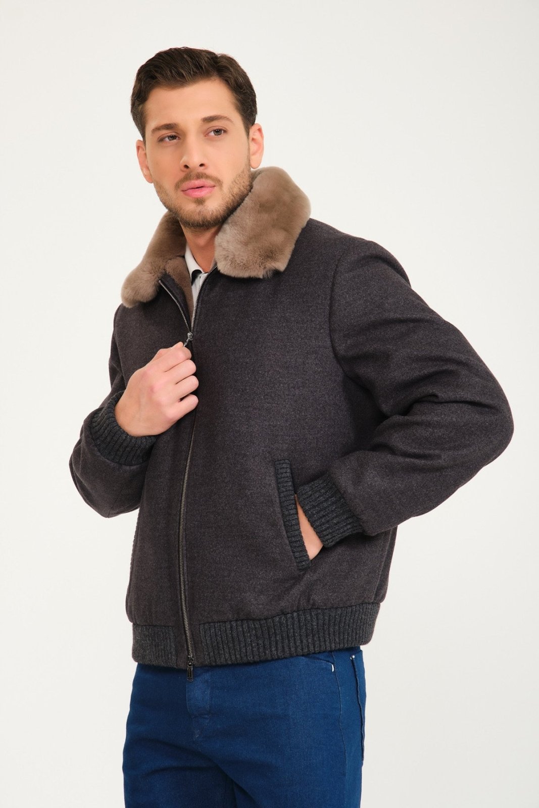 Dark Grey Wool & Rex Fur Coat - ADAMO