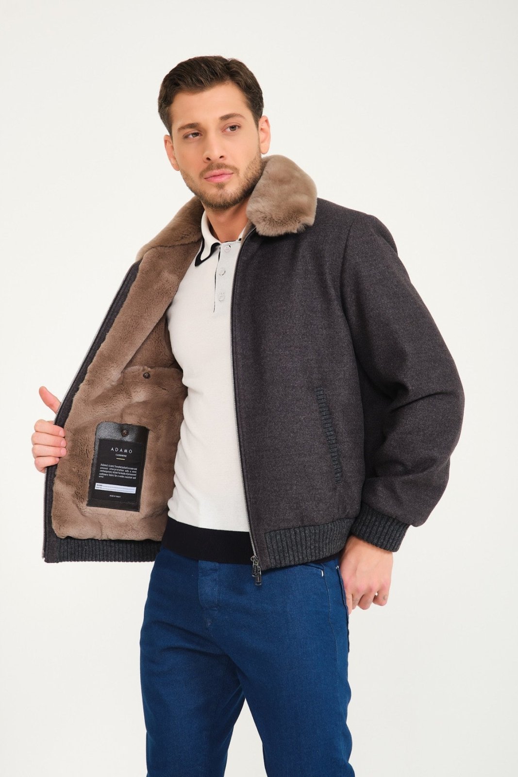 Dark Grey Wool & Rex Fur Coat - ADAMO