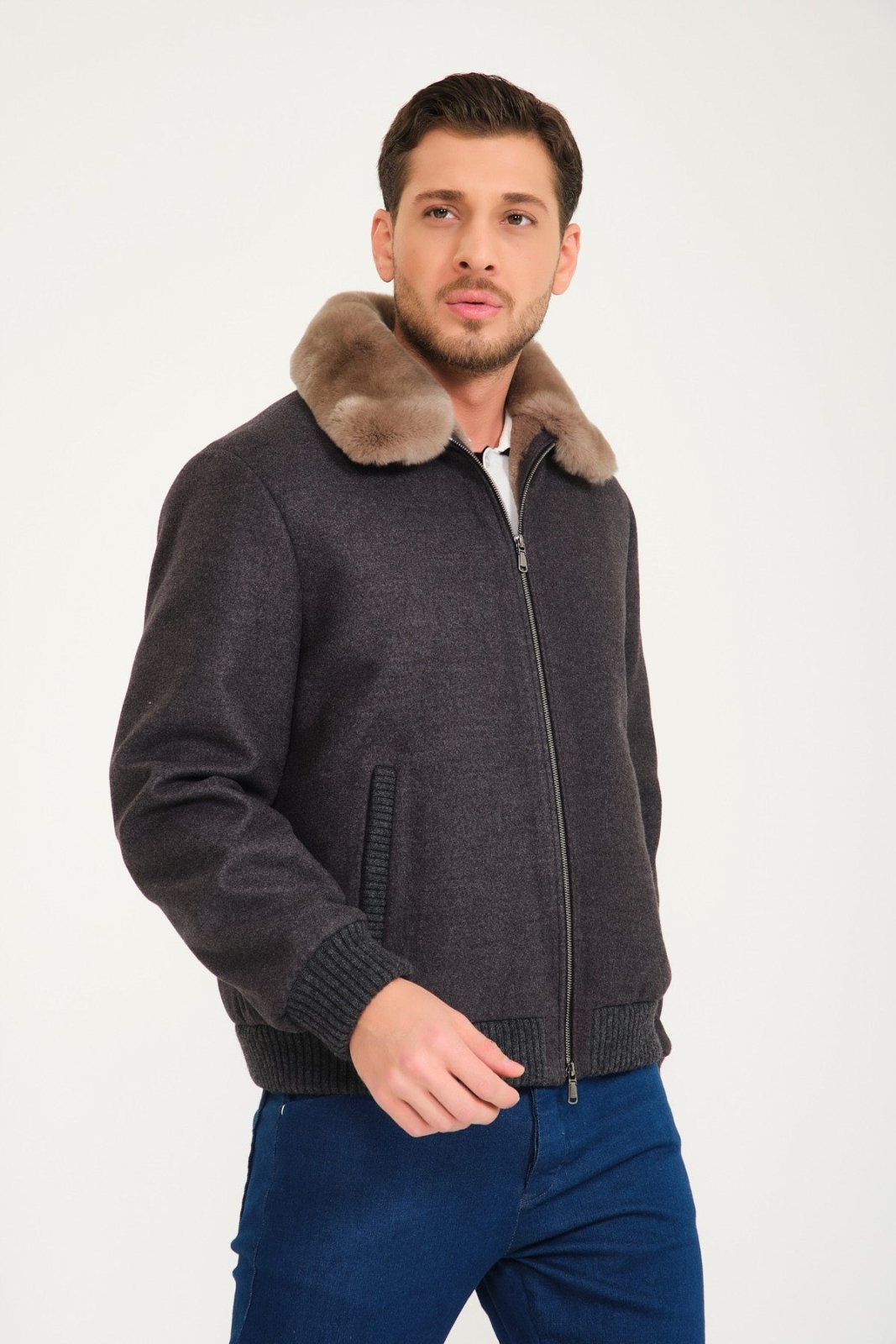 Dark Grey Wool & Rex Fur Coat - ADAMO